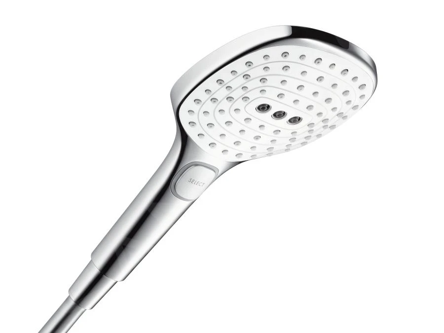 Hansgrohe Raindance Select E - Duschkopf 120, 3 Stahlen, EcoSmart 9 L/min, Weiß / Verchromt 26521400 1 Hansgrohe Raindance Select E - Duschkopf 120, 3 Stahlen, EcoSmart 9 L/min, Weiß / Verchromt 26521400