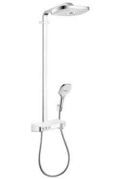 Hansgrohe Raindance Select E - Duschsäule Showerpipe 300 Mit Thermostatbatterie ShowerTablet Select, EcoSmart 9 L/min, 3 Strahlen, Weiß / Verchromt 27127400