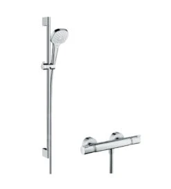 Hansgrohe Croma Select E - Duschset Vario Mit Thermostatbatterie, Duschstange 900 Mm, 3 Strahlen, Weiß / Verchromt 27082400