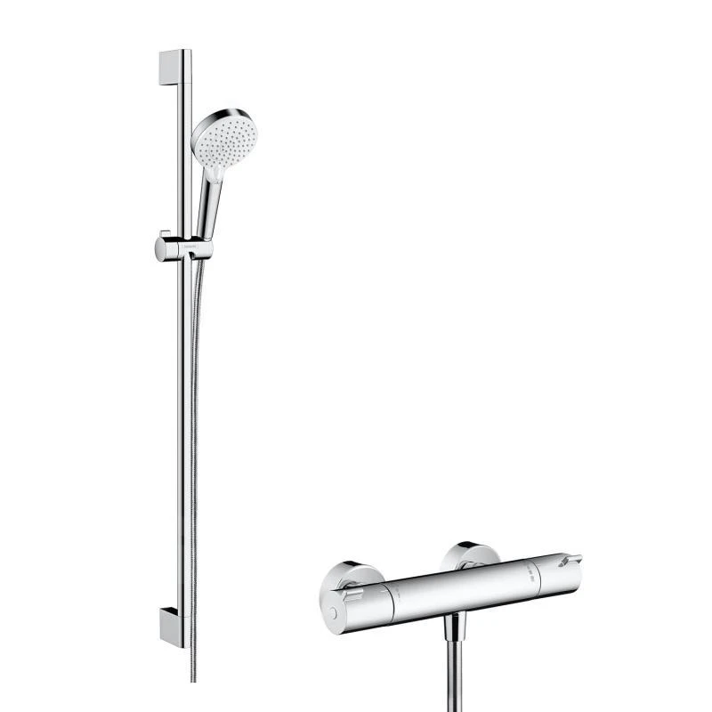 Hansgrohe Crometta - Duschset Vario Mit Thermostatbatterie Ecostat 1001 CL, 2 Strahlen, Weiß / Verchromt 27812400 1 Hansgrohe Crometta - Duschset Vario Mit Thermostatbatterie Ecostat 1001 CL, 2 Strahlen, Weiß / Verchromt 27812400